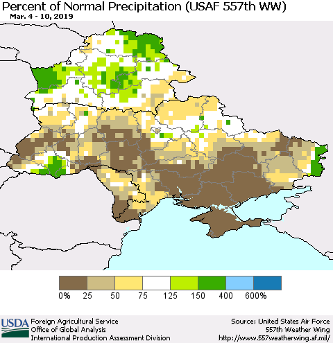 Ukraine, Moldova and Belarus Percent of Normal Precipitation (USAF 557th WW) Thematic Map For 3/4/2019 - 3/10/2019