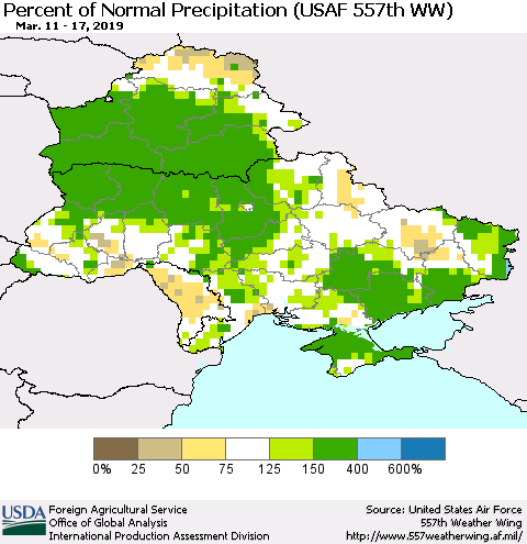 Ukraine, Moldova and Belarus Percent of Normal Precipitation (USAF 557th WW) Thematic Map For 3/11/2019 - 3/17/2019