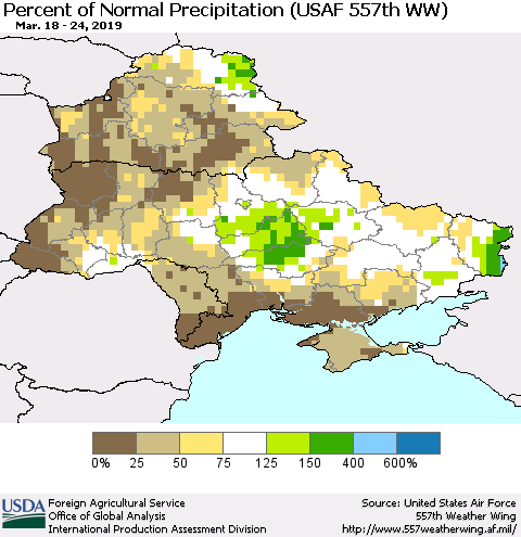 Ukraine, Moldova and Belarus Percent of Normal Precipitation (USAF 557th WW) Thematic Map For 3/18/2019 - 3/24/2019