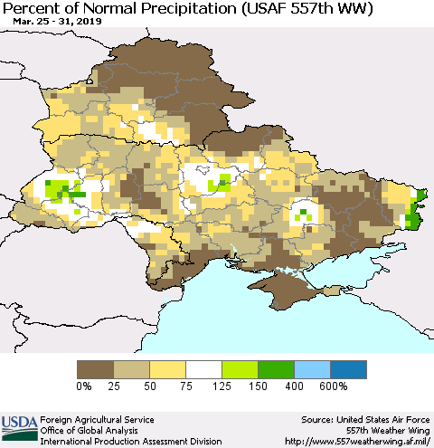 Ukraine, Moldova and Belarus Percent of Normal Precipitation (USAF 557th WW) Thematic Map For 3/25/2019 - 3/31/2019