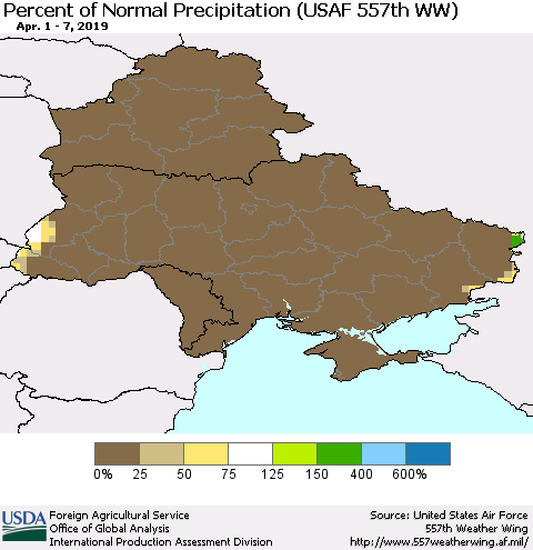 Ukraine, Moldova and Belarus Percent of Normal Precipitation (USAF 557th WW) Thematic Map For 4/1/2019 - 4/7/2019