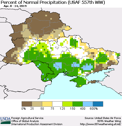 Ukraine, Moldova and Belarus Percent of Normal Precipitation (USAF 557th WW) Thematic Map For 4/8/2019 - 4/14/2019