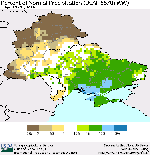 Ukraine, Moldova and Belarus Percent of Normal Precipitation (USAF 557th WW) Thematic Map For 4/15/2019 - 4/21/2019