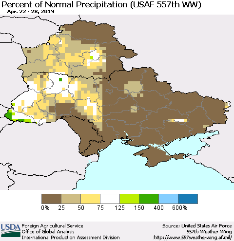 Ukraine, Moldova and Belarus Percent of Normal Precipitation (USAF 557th WW) Thematic Map For 4/22/2019 - 4/28/2019