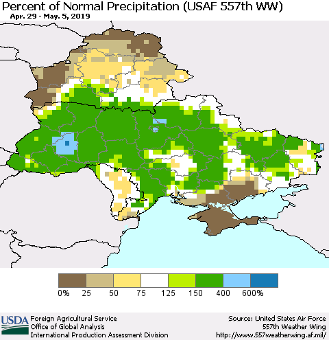 Ukraine, Moldova and Belarus Percent of Normal Precipitation (USAF 557th WW) Thematic Map For 4/29/2019 - 5/5/2019