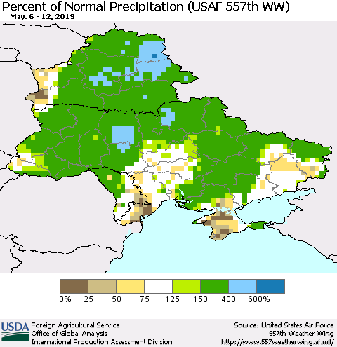 Ukraine, Moldova and Belarus Percent of Normal Precipitation (USAF 557th WW) Thematic Map For 5/6/2019 - 5/12/2019