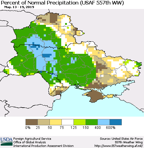 Ukraine, Moldova and Belarus Percent of Normal Precipitation (USAF 557th WW) Thematic Map For 5/13/2019 - 5/19/2019
