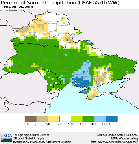 Ukraine, Moldova and Belarus Percent of Normal Precipitation (USAF 557th WW) Thematic Map For 5/20/2019 - 5/26/2019