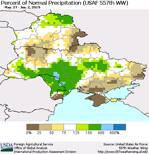Ukraine, Moldova and Belarus Percent of Normal Precipitation (USAF 557th WW) Thematic Map For 5/27/2019 - 6/2/2019