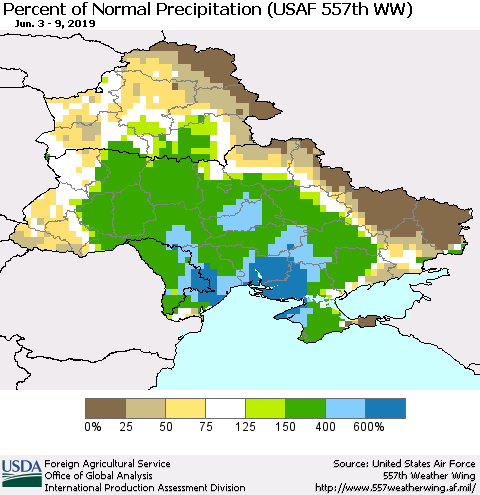 Ukraine, Moldova and Belarus Percent of Normal Precipitation (USAF 557th WW) Thematic Map For 6/3/2019 - 6/9/2019