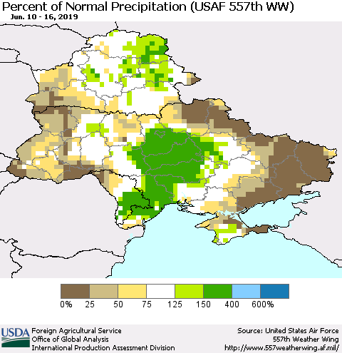 Ukraine, Moldova and Belarus Percent of Normal Precipitation (USAF 557th WW) Thematic Map For 6/10/2019 - 6/16/2019