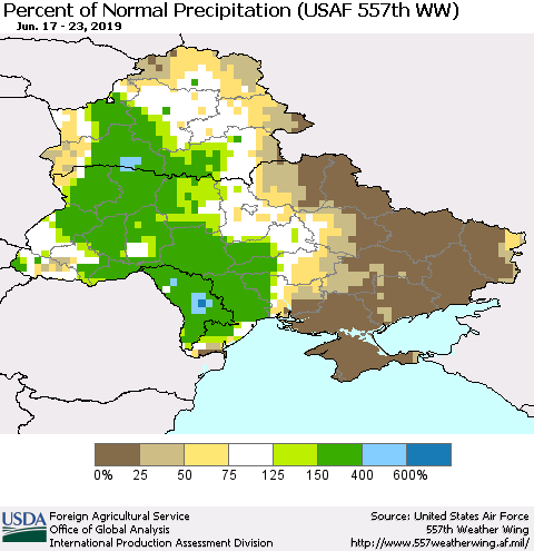 Ukraine, Moldova and Belarus Percent of Normal Precipitation (USAF 557th WW) Thematic Map For 6/17/2019 - 6/23/2019