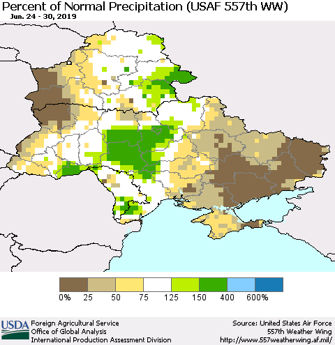 Ukraine, Moldova and Belarus Percent of Normal Precipitation (USAF 557th WW) Thematic Map For 6/24/2019 - 6/30/2019