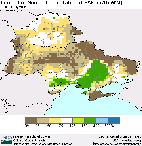 Ukraine, Moldova and Belarus Percent of Normal Precipitation (USAF 557th WW) Thematic Map For 7/1/2019 - 7/7/2019
