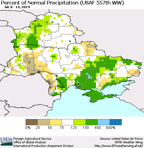 Ukraine, Moldova and Belarus Percent of Normal Precipitation (USAF 557th WW) Thematic Map For 7/8/2019 - 7/14/2019