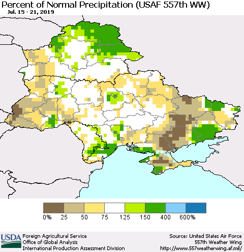 Ukraine, Moldova and Belarus Percent of Normal Precipitation (USAF 557th WW) Thematic Map For 7/15/2019 - 7/21/2019