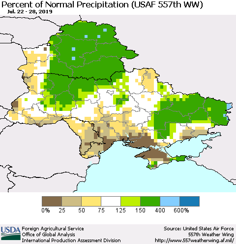 Ukraine, Moldova and Belarus Percent of Normal Precipitation (USAF 557th WW) Thematic Map For 7/22/2019 - 7/28/2019