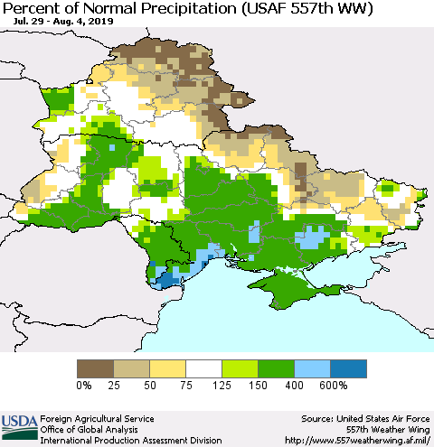 Ukraine, Moldova and Belarus Percent of Normal Precipitation (USAF 557th WW) Thematic Map For 7/29/2019 - 8/4/2019