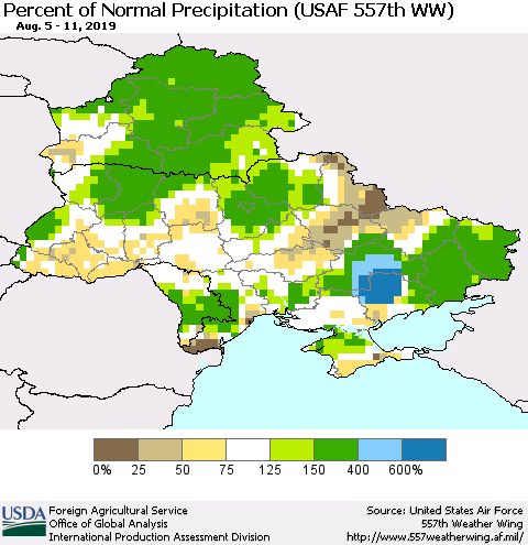 Ukraine, Moldova and Belarus Percent of Normal Precipitation (USAF 557th WW) Thematic Map For 8/5/2019 - 8/11/2019