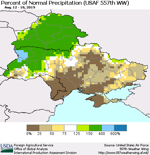 Ukraine, Moldova and Belarus Percent of Normal Precipitation (USAF 557th WW) Thematic Map For 8/12/2019 - 8/18/2019