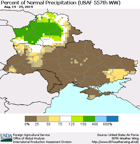 Ukraine, Moldova and Belarus Percent of Normal Precipitation (USAF 557th WW) Thematic Map For 8/19/2019 - 8/25/2019