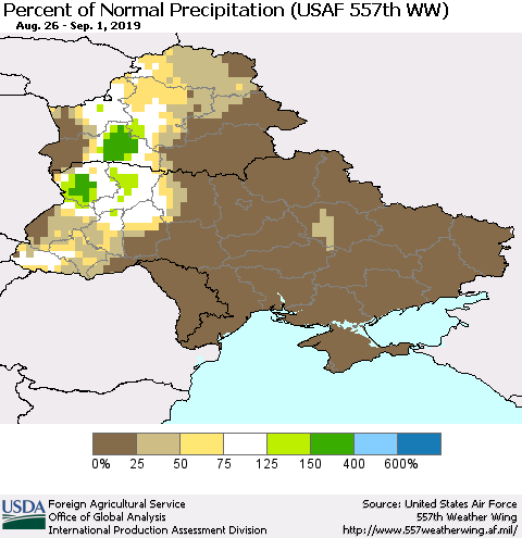 Ukraine, Moldova and Belarus Percent of Normal Precipitation (USAF 557th WW) Thematic Map For 8/26/2019 - 9/1/2019