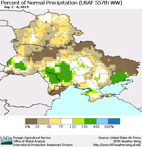 Ukraine, Moldova and Belarus Percent of Normal Precipitation (USAF 557th WW) Thematic Map For 9/2/2019 - 9/8/2019