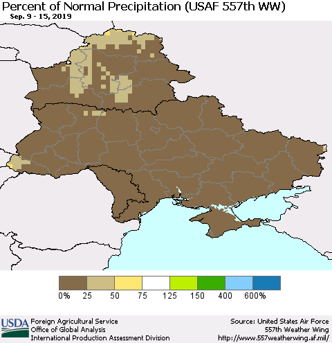 Ukraine, Moldova and Belarus Percent of Normal Precipitation (USAF 557th WW) Thematic Map For 9/9/2019 - 9/15/2019