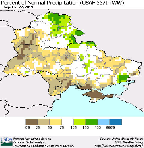 Ukraine, Moldova and Belarus Percent of Normal Precipitation (USAF 557th WW) Thematic Map For 9/16/2019 - 9/22/2019