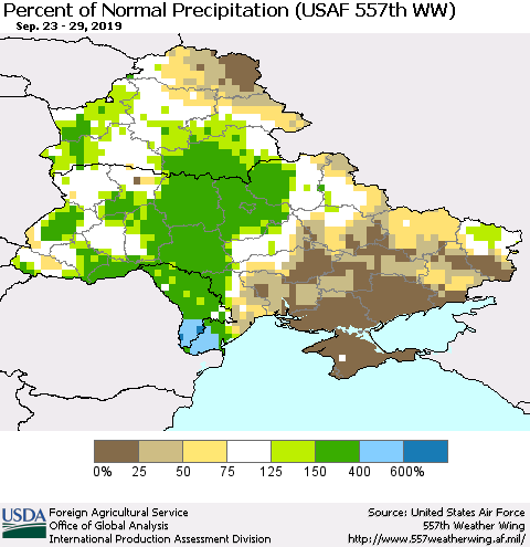 Ukraine, Moldova and Belarus Percent of Normal Precipitation (USAF 557th WW) Thematic Map For 9/23/2019 - 9/29/2019