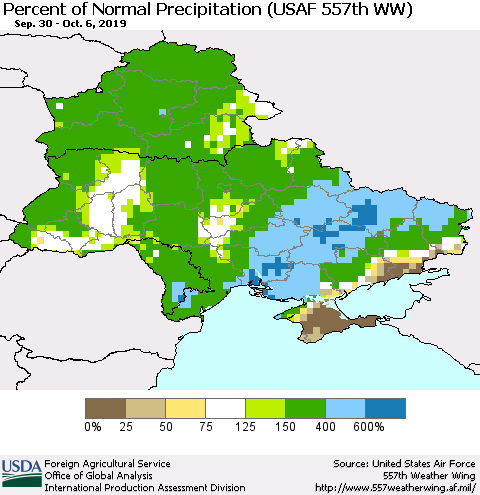 Ukraine, Moldova and Belarus Percent of Normal Precipitation (USAF 557th WW) Thematic Map For 9/30/2019 - 10/6/2019