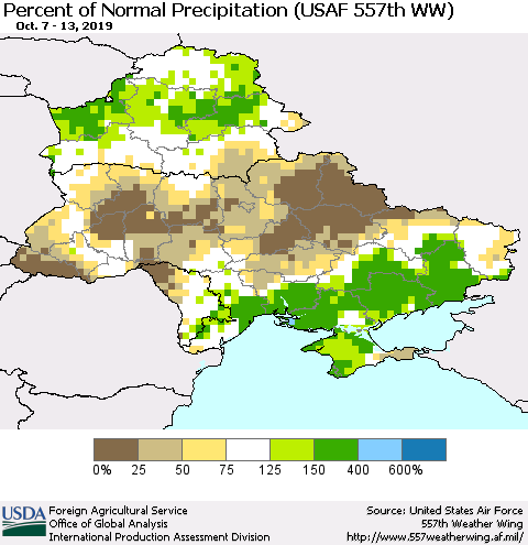 Ukraine, Moldova and Belarus Percent of Normal Precipitation (USAF 557th WW) Thematic Map For 10/7/2019 - 10/13/2019