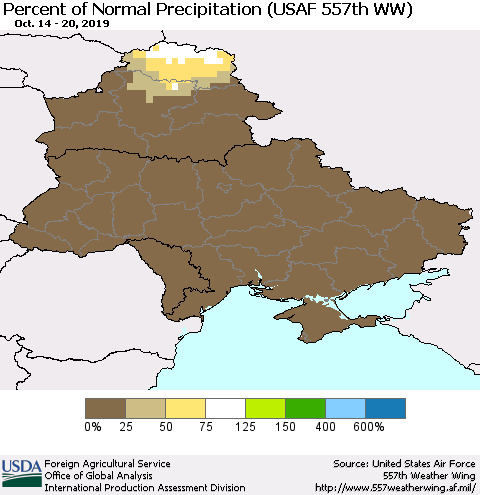 Ukraine, Moldova and Belarus Percent of Normal Precipitation (USAF 557th WW) Thematic Map For 10/14/2019 - 10/20/2019