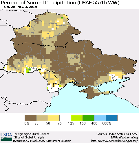 Ukraine, Moldova and Belarus Percent of Normal Precipitation (USAF 557th WW) Thematic Map For 10/28/2019 - 11/3/2019