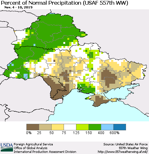 Ukraine, Moldova and Belarus Percent of Normal Precipitation (USAF 557th WW) Thematic Map For 11/4/2019 - 11/10/2019