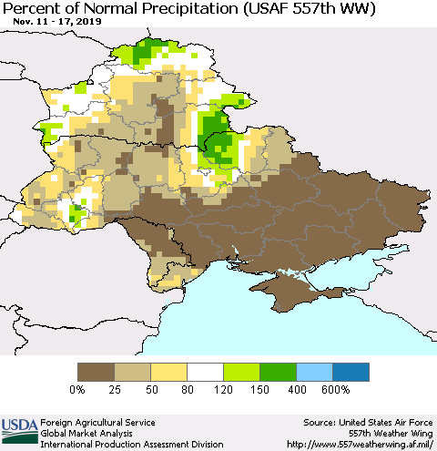 Ukraine, Moldova and Belarus Percent of Normal Precipitation (USAF 557th WW) Thematic Map For 11/11/2019 - 11/17/2019