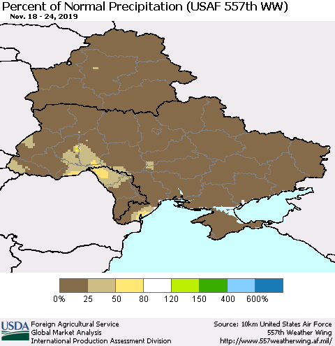 Ukraine, Moldova and Belarus Percent of Normal Precipitation (USAF 557th WW) Thematic Map For 11/18/2019 - 11/24/2019