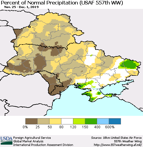 Ukraine, Moldova and Belarus Percent of Normal Precipitation (USAF 557th WW) Thematic Map For 11/25/2019 - 12/1/2019