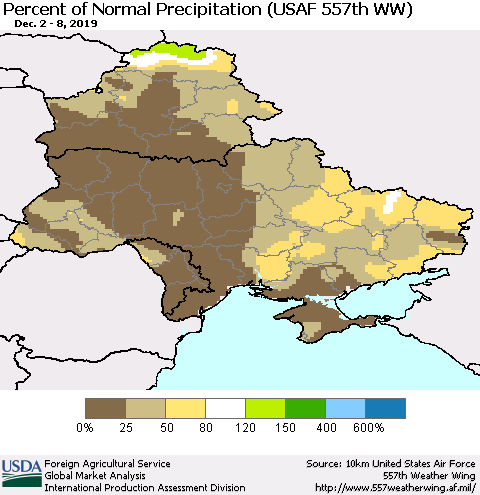 Ukraine, Moldova and Belarus Percent of Normal Precipitation (USAF 557th WW) Thematic Map For 12/2/2019 - 12/8/2019