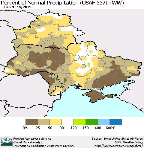 Ukraine, Moldova and Belarus Percent of Normal Precipitation (USAF 557th WW) Thematic Map For 12/9/2019 - 12/15/2019
