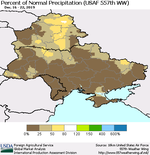 Ukraine, Moldova and Belarus Percent of Normal Precipitation (USAF 557th WW) Thematic Map For 12/16/2019 - 12/22/2019