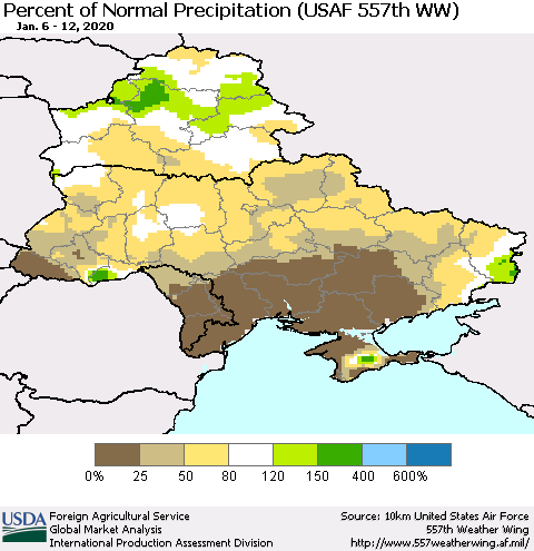 Ukraine, Moldova and Belarus Percent of Normal Precipitation (USAF 557th WW) Thematic Map For 1/6/2020 - 1/12/2020