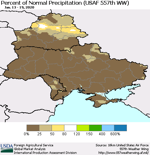Ukraine, Moldova and Belarus Percent of Normal Precipitation (USAF 557th WW) Thematic Map For 1/13/2020 - 1/19/2020