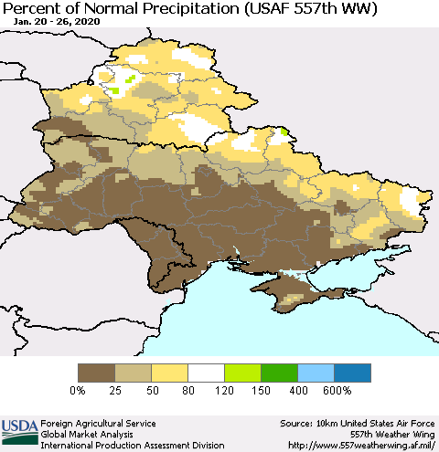 Ukraine, Moldova and Belarus Percent of Normal Precipitation (USAF 557th WW) Thematic Map For 1/20/2020 - 1/26/2020