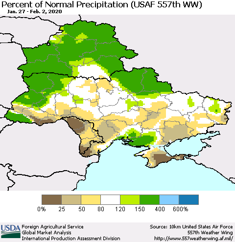 Ukraine, Moldova and Belarus Percent of Normal Precipitation (USAF 557th WW) Thematic Map For 1/27/2020 - 2/2/2020