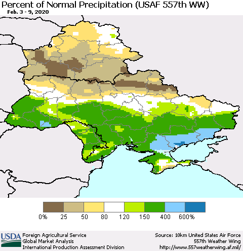 Ukraine, Moldova and Belarus Percent of Normal Precipitation (USAF 557th WW) Thematic Map For 2/3/2020 - 2/9/2020