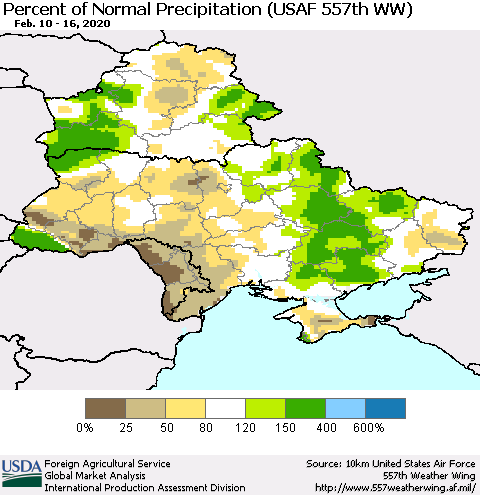 Ukraine, Moldova and Belarus Percent of Normal Precipitation (USAF 557th WW) Thematic Map For 2/10/2020 - 2/16/2020