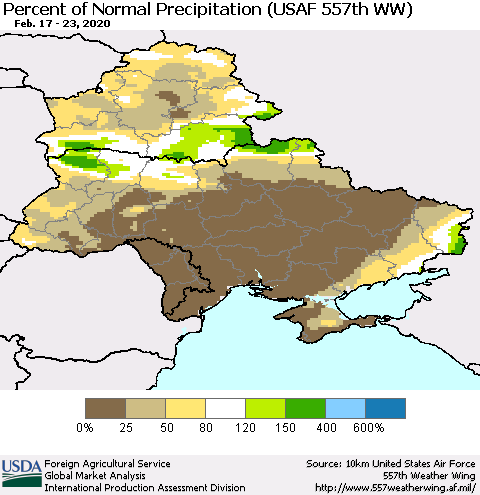 Ukraine, Moldova and Belarus Percent of Normal Precipitation (USAF 557th WW) Thematic Map For 2/17/2020 - 2/23/2020