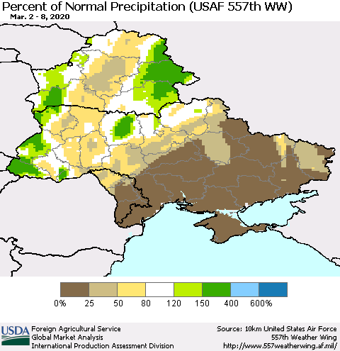 Ukraine, Moldova and Belarus Percent of Normal Precipitation (USAF 557th WW) Thematic Map For 3/2/2020 - 3/8/2020