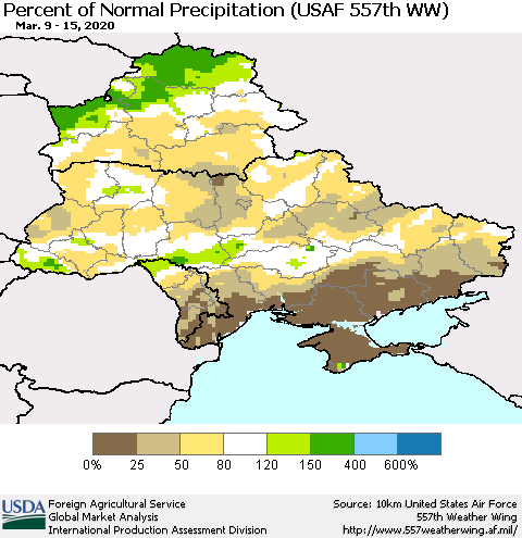 Ukraine, Moldova and Belarus Percent of Normal Precipitation (USAF 557th WW) Thematic Map For 3/9/2020 - 3/15/2020